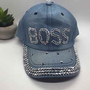 Denim and Rhinestone Studded “BOSS” Cap